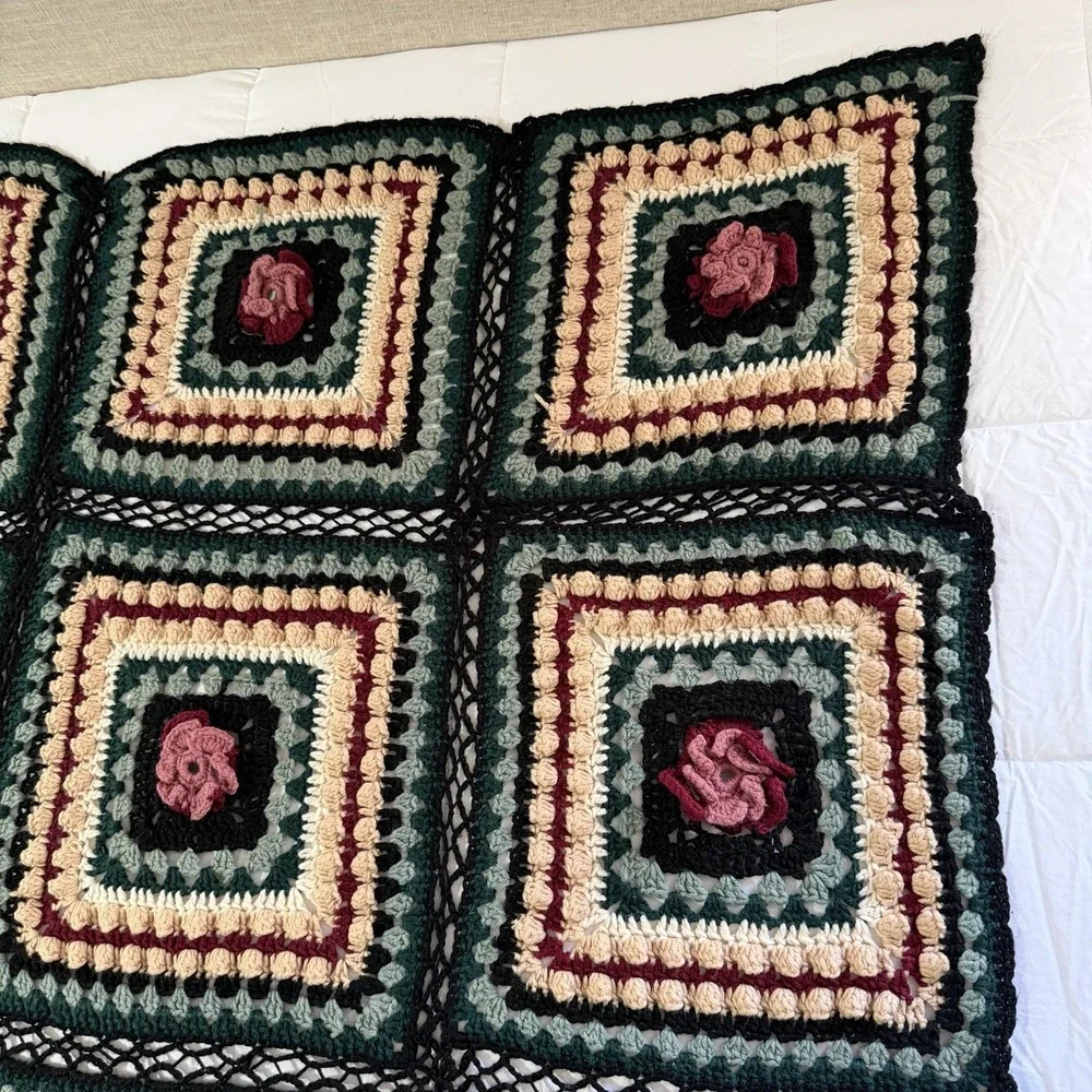 Hand Crocheted Granny Square Afghan Throw Blanket Floral 70